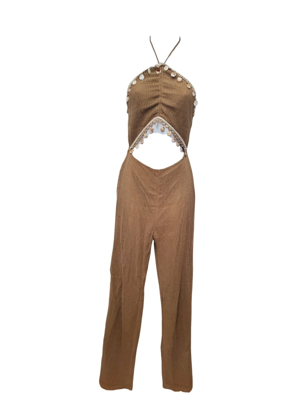 Fashion Nova Brown Crochet Halter Wide-Leg Jumpsuit with Shell Trim NWT size S - Picture 2 of 5
